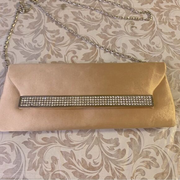 Crossbody Evening Bag Gold Satin & Rhinestones Removable Silver Chain Strap NWOT - Picture 2 of 6